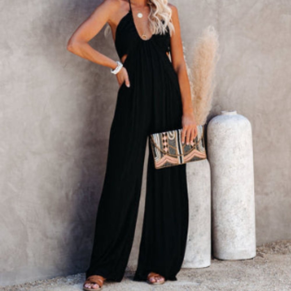 Halter black tie black jumpsuit - medium